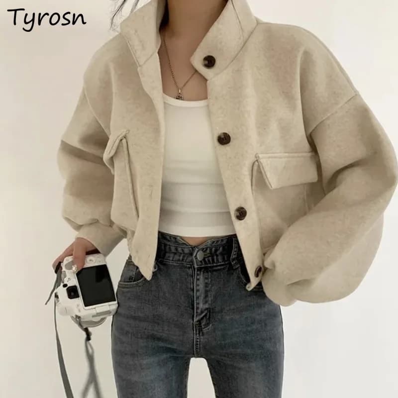 Crop Blends Women Wool Coat Casual Loose Gentle Pockets Simple Autumn Winter Streetwear Office Lady Fashion Cozy Пальто Женское