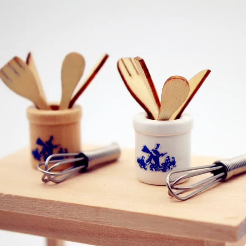 Miniature Dollhouse Kitchen Tools Set Wooden Spatula Knife Fork Egg Beater Jar For Home Decor Photography Props Mini Toys