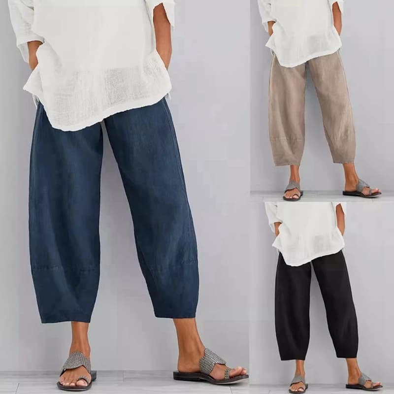 Women Harem Pants Vintage Cotton Linen Elastic Waist Wide Leg Trousers Female Casual Solid Pockets Loose Cropped Pants