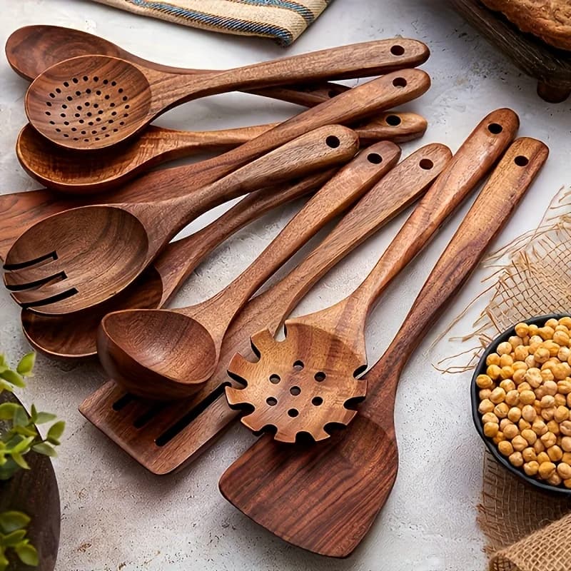 Natural Teak Wood Kitchen Utensil Set Wooden Cooking Tools with Holder Ideal for Healthy Non - Stick Cookware Cooking