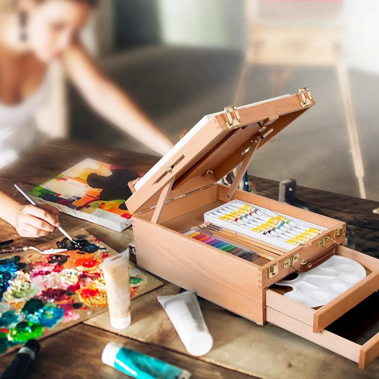 Extra Large 2 Drawer Adjustable Wood Sketchbox Easel with Storage Letong Portable Artist Desktop Easels for Drawing, Painting,