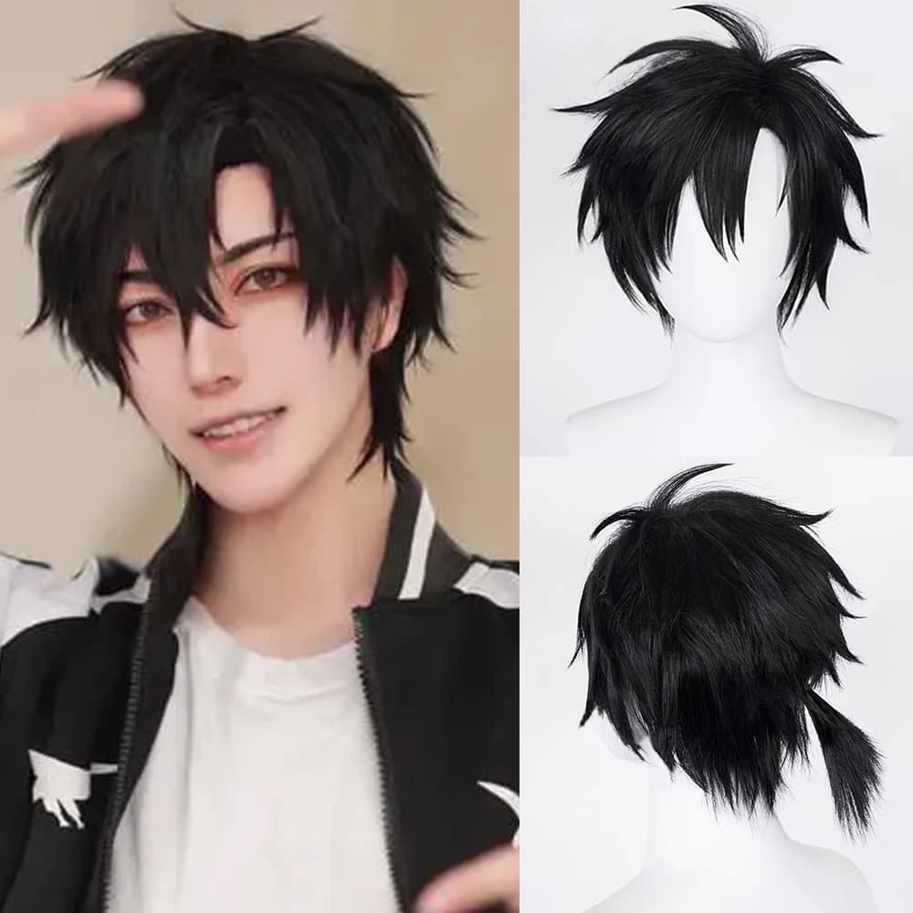 Synthetic Short Black Straight Wig with Bangs for Men and Women Daily Cosplay Anime Halloween Party Realistic Fake Hair