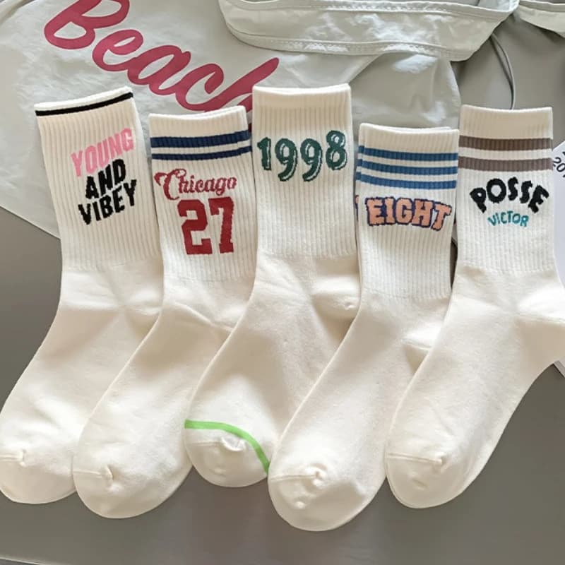 5 pairs of sports socks for women in autumn winter with striped letters sweat absorbing odor proof retro women's socks