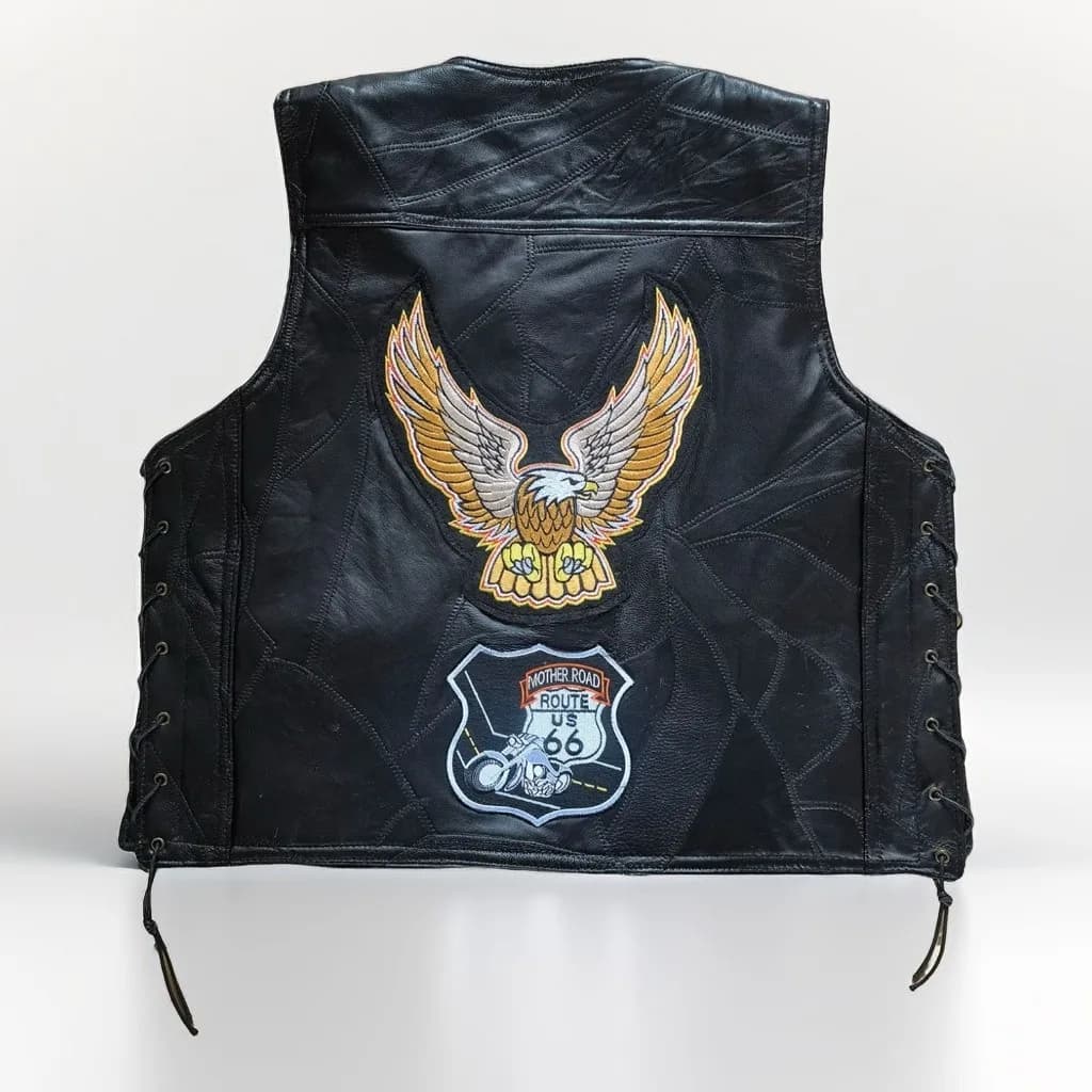 Men's Genuine Leather Vest Motorcycle Riding Jacket Gold Eagle Embroidery Badge Style Biker Vest Streetwear Straight Cut