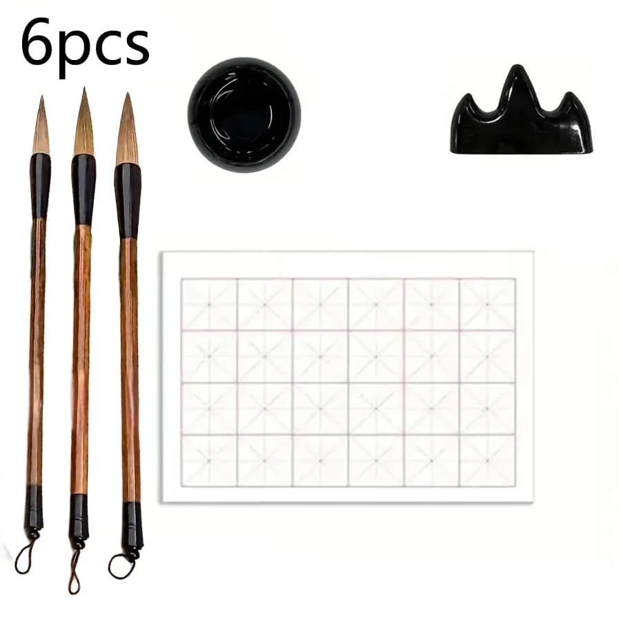 6pcs Premium Chinese Calligraphy Practice Kit - Water-Only Writing, Quick-Drying Cloth, Complete with Brushes, Inkwell & Brush H