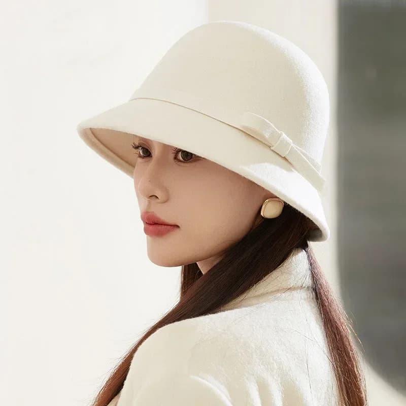 Elegant Bow Fedoras Hats for Women Autumn Winter Retro Imitation Woolen Bucket Hats Solid Color Dome Lady Felt Basin Caps