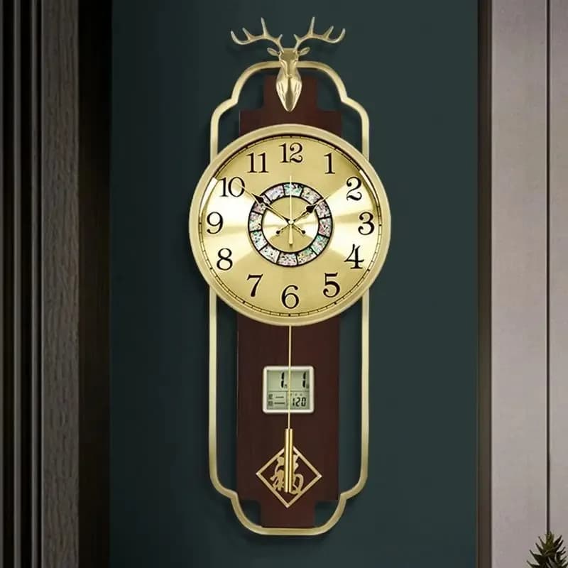 Wall Clock New Chinese Brass Living Room Home Solid Wood Luxury Chinese Style Silent High-end Watches Home Decoration