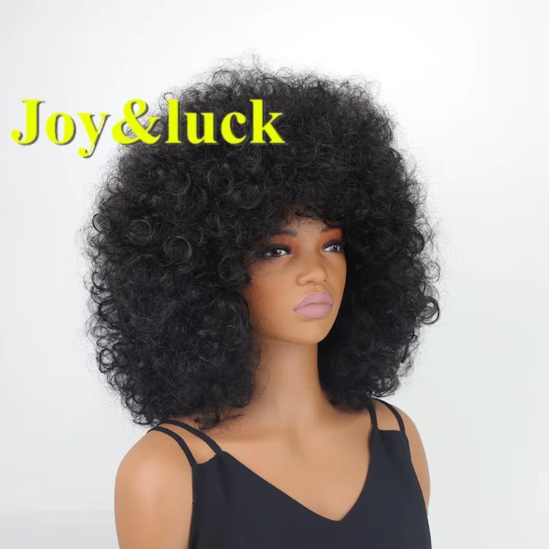 Synthetic Wigs Cosplay Short Curly Black With Bangs Women Wig Afro Kinky Fluffy Female Curls Hair