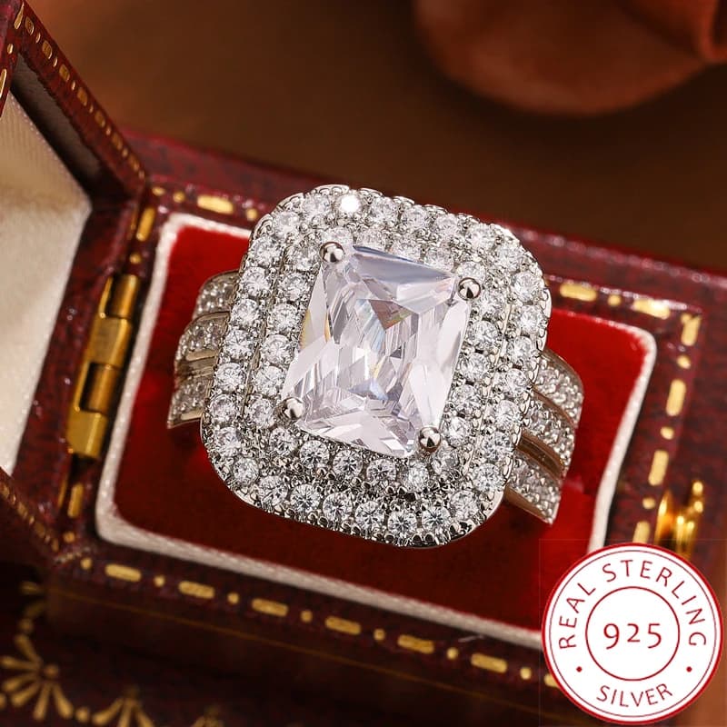Exquisite 925 Silver-plated Ring for Women's - Fashionable Dazzling Zirconia Anniversary Engagement Jewelry Diamond Ring
