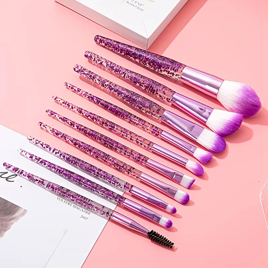 Makeup Brush Set of 10 Pieces, Glitter Beauty Tools, Soft-Bristled Eyeshadow Cosmetics, Makeup Setting Tools, Blush Brushes, Etc