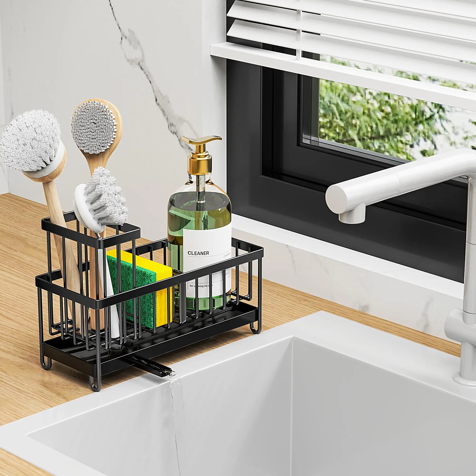 Kitchen Sink Sponge Holder with High Brush Rack, Essential Countertop Storage Organizer, Must-Have Kitchen Accessories