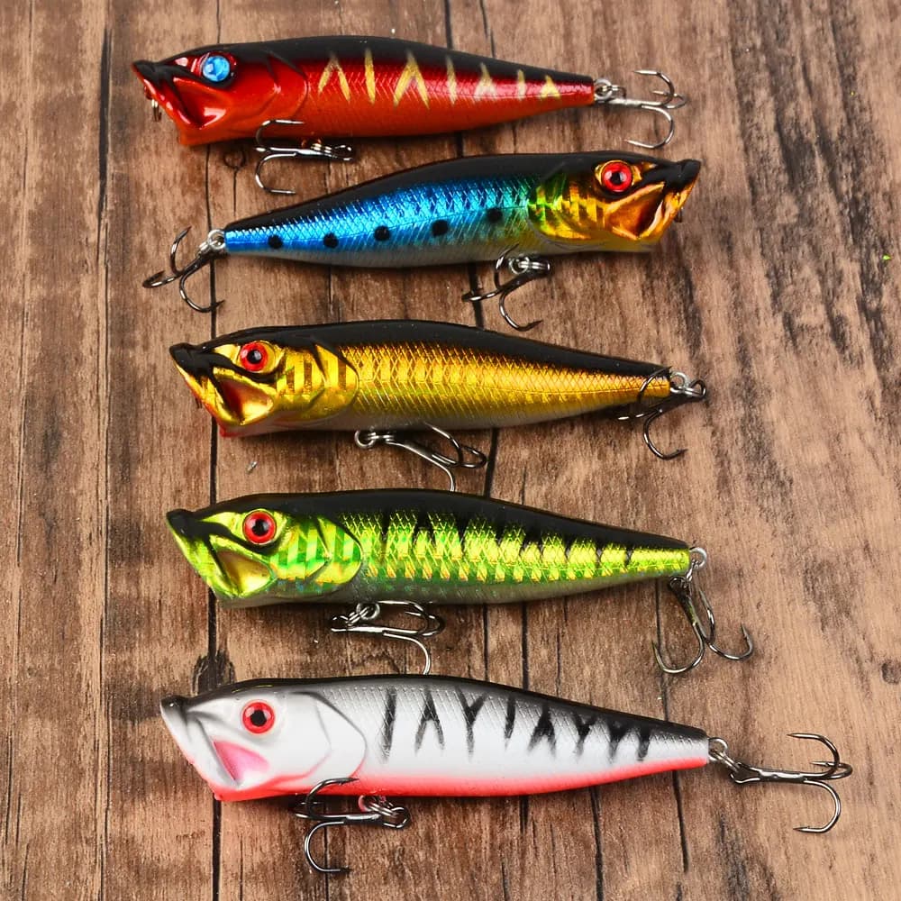 5pcs Topwater Popper Fishing Lure Saltwater Surface Casting Bait Freshwater Bass Trout Catfish Striper