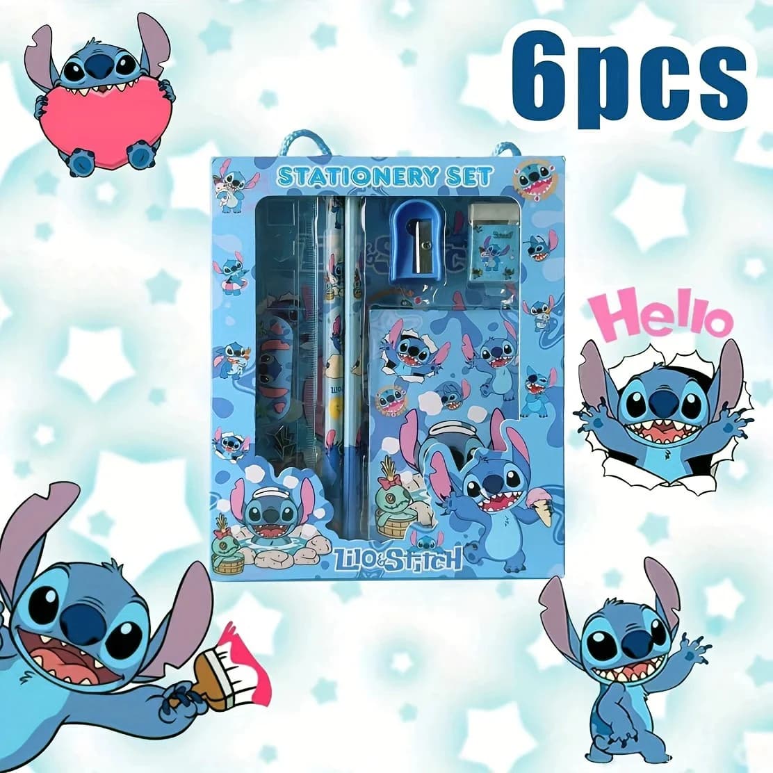 6PCS/Set Disney Stitch Stationery Set School Gifts With Pencil Pen Sharpener Eraser Notebook Ruler