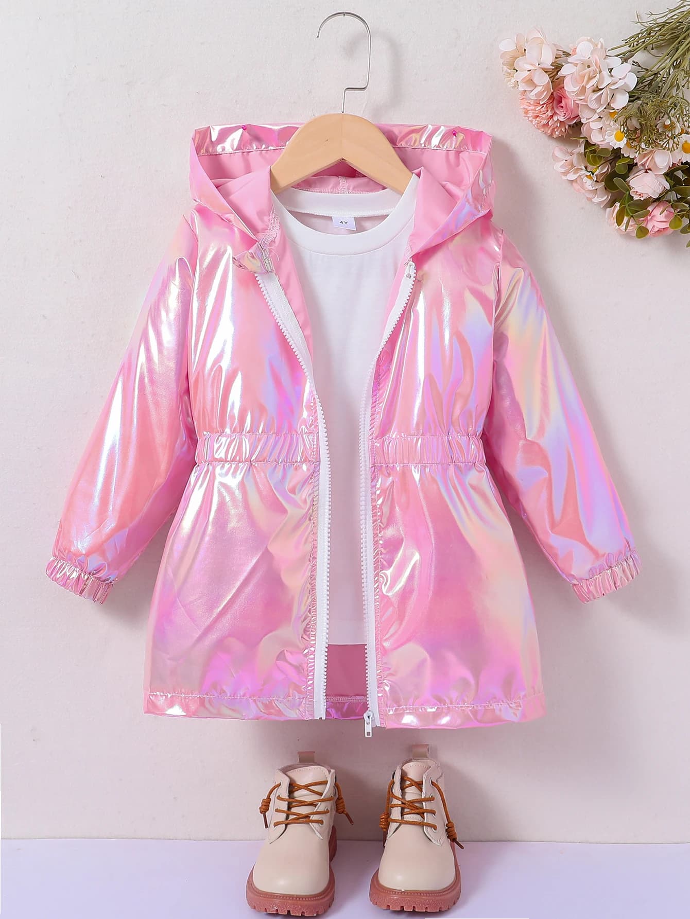 Girls' laser windbreaker jacket, multi-functional sunscreen raincoat with a fitted waist, thin style, mid-length zipper hoodie,