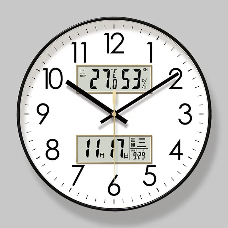 Modern Atomic Wall Clock Temperature Digital Calendar Analog Silent Wall Clock Round Non-Ticking Wall Clock for Office Bedroom
