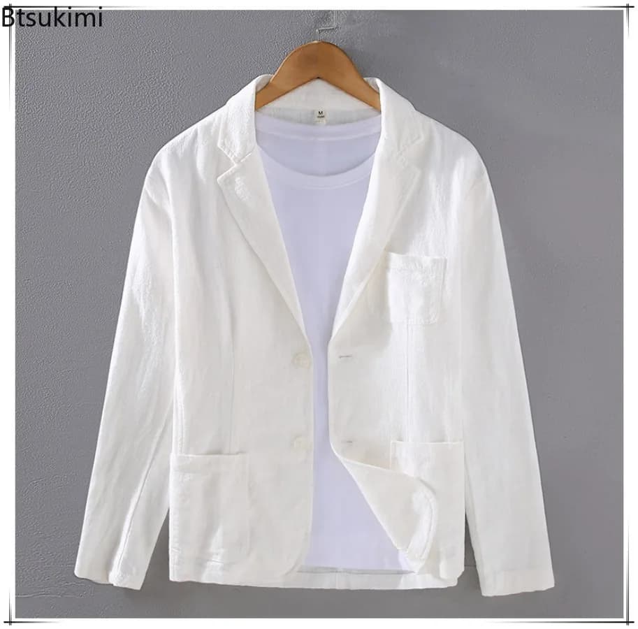 Men's Blazer Jacket Fashion Solid Slim Casual Business Breathable Suit Coats Cotton Linen Thin Suit High Quality Men Clothing