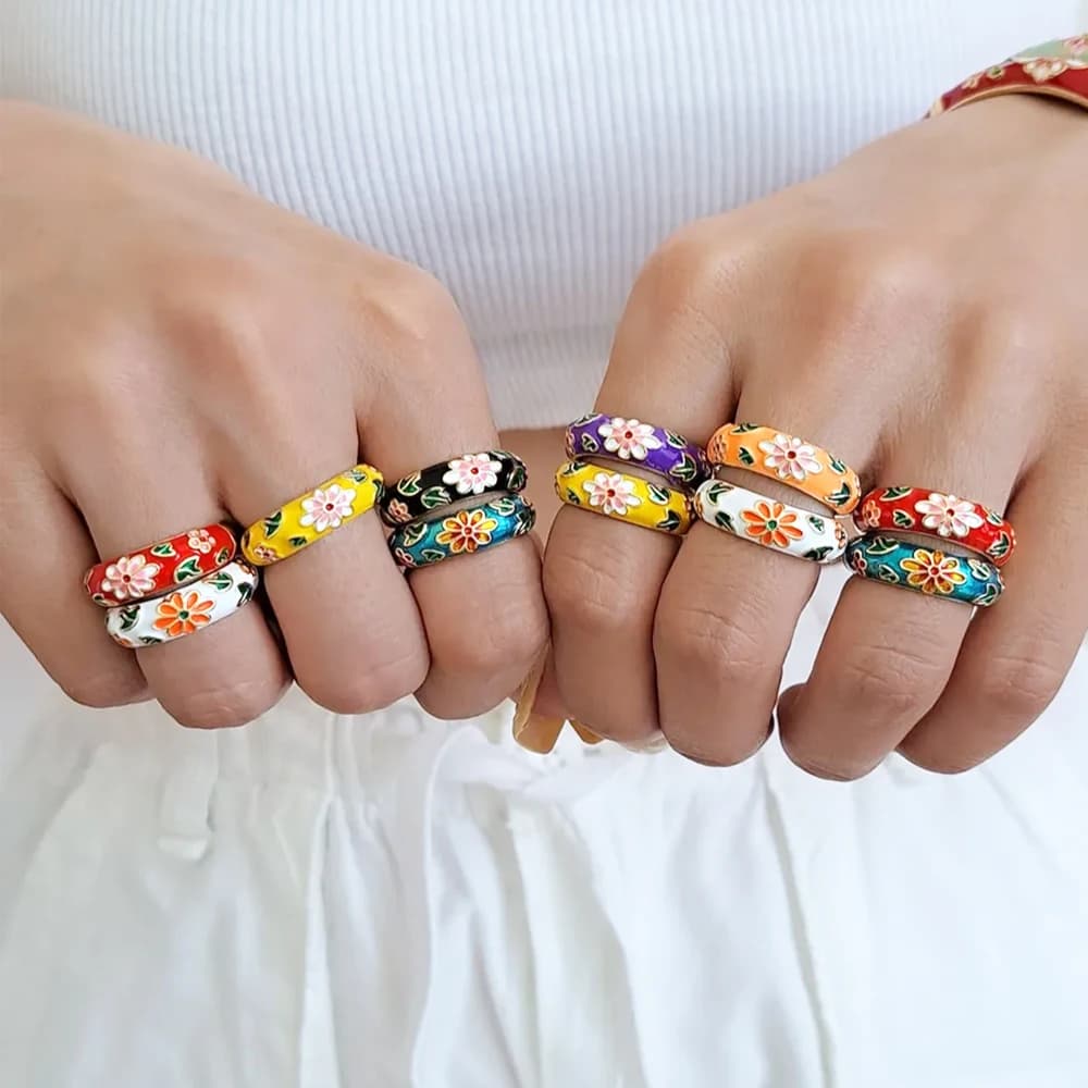 Vintage Colorful Enamel Flower Rings Trendy Geometric Female Minimalist Flower For Ladies Wedding Party Engagement Jewelry Gift