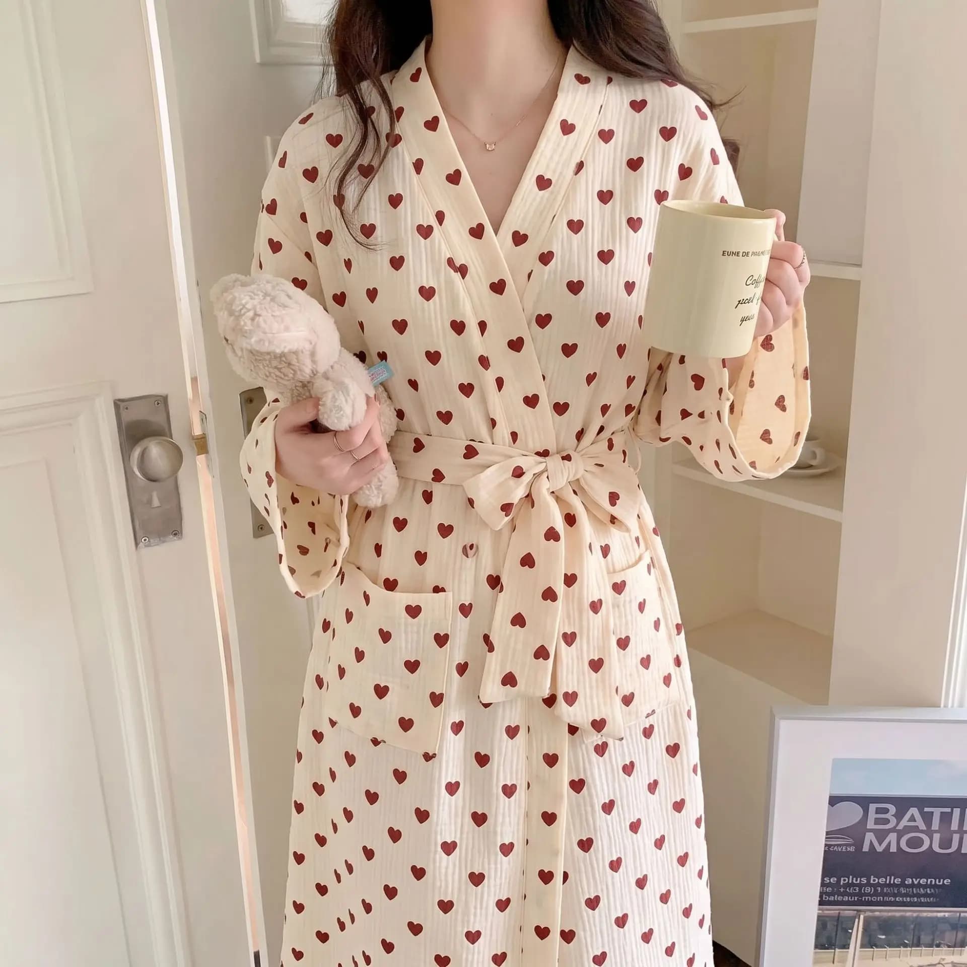 New Women's Robe for Spring and Autumn, Long-Sleeve, Sweet and High-End Long Sleepwear for Girls, Home Wear, Women's Bathrobe