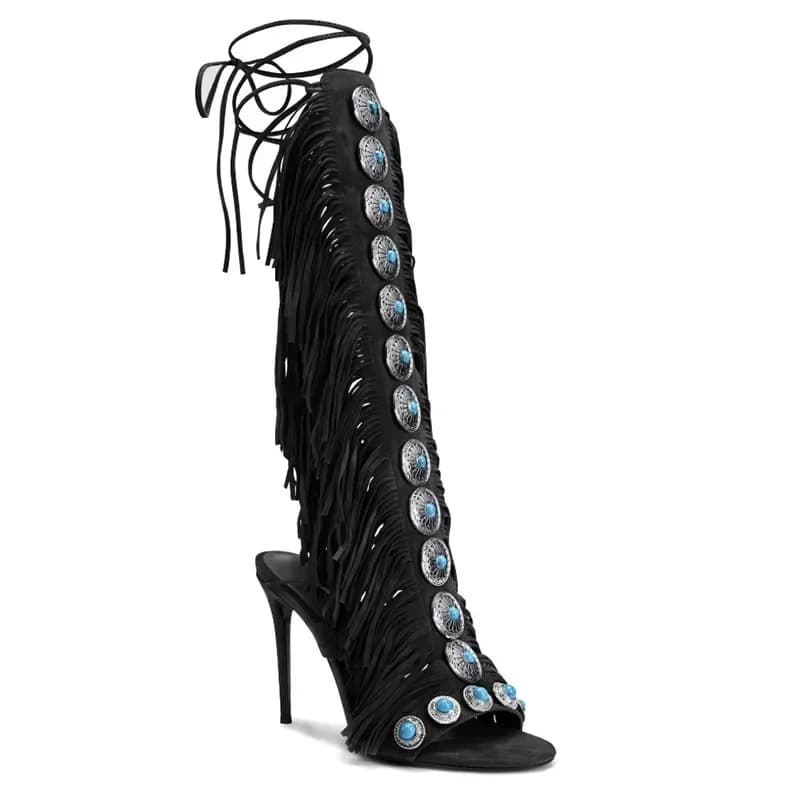 Sandalias Mujer 2025 Summer Women Sandals Peep Toe Sexy Lace Up Knee High Shoes Zapatos De Mujer High Heels