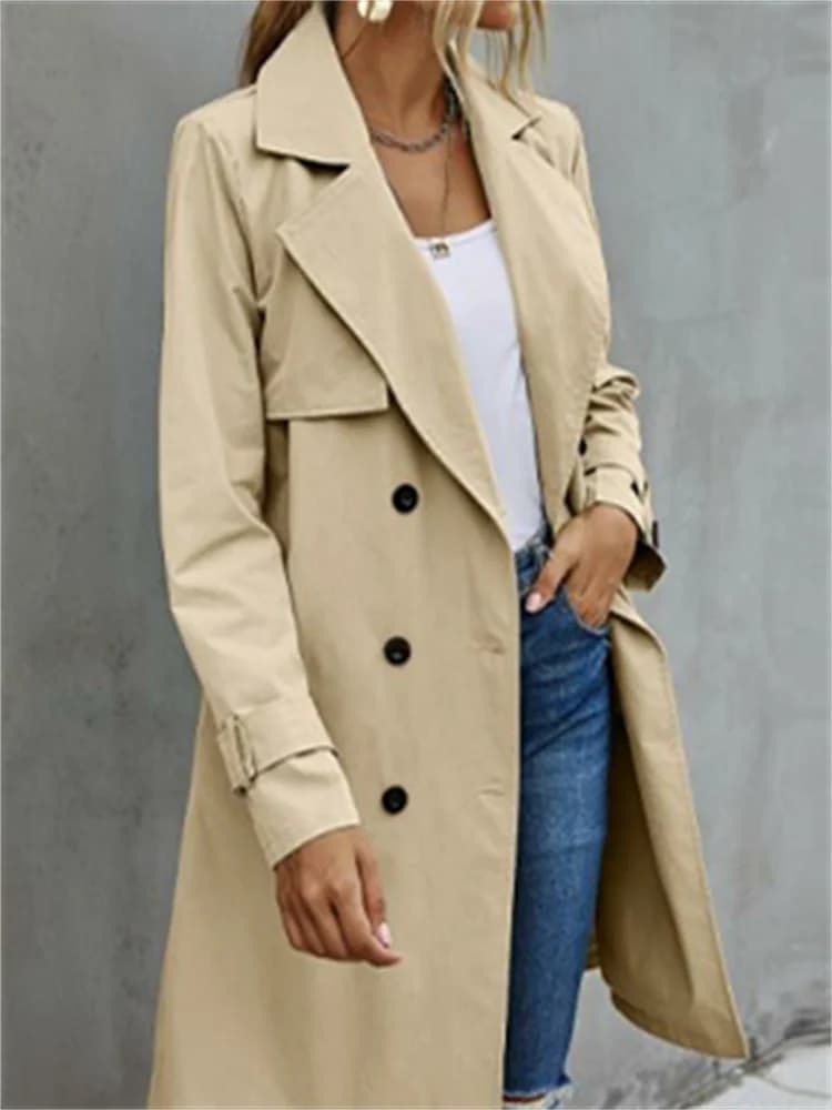 Women Fashion Long Trench Coats Solid Color Double-breasted Belted Windbreaker Fall Jackets Outerwear