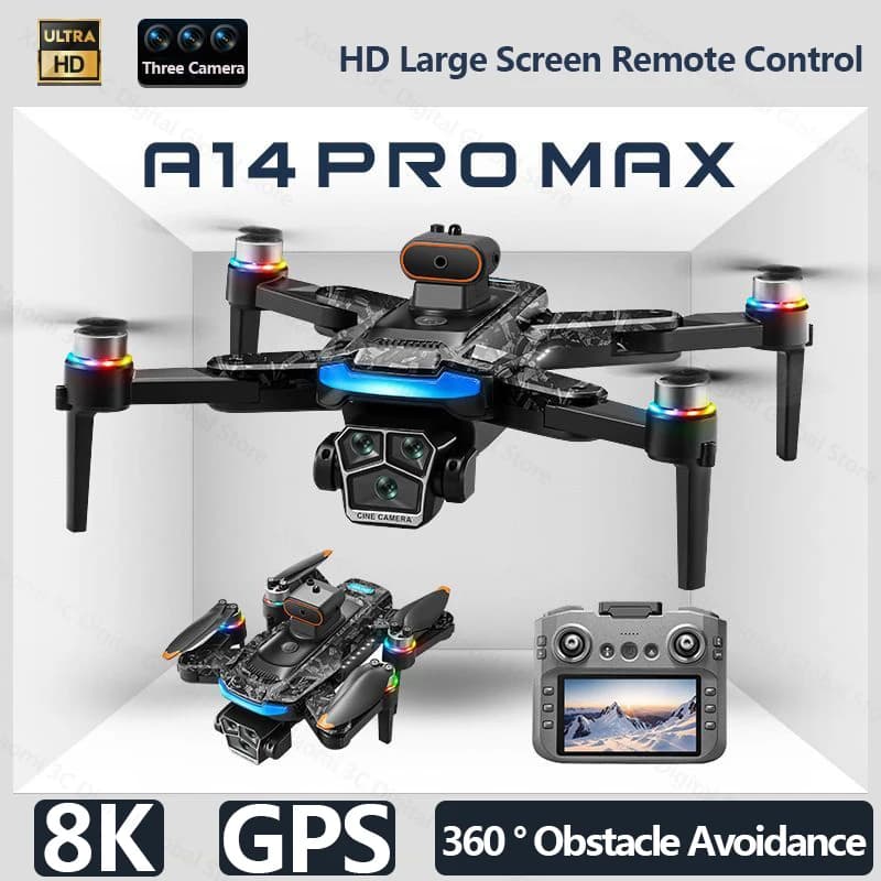 Drone A14Pro Max 8K HD Three Camera Brushless Optical Flow Obstacle Avoidance Foldable Quadcopter UAV 4.5-inch Large Screen Toys