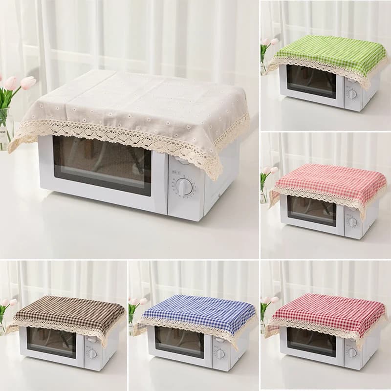 Cotton Linen Dust Covers Plaid Printed Microwave Oven Covers Simple Tablecloth Household Dust Protector Cabinet Cloth Protectors