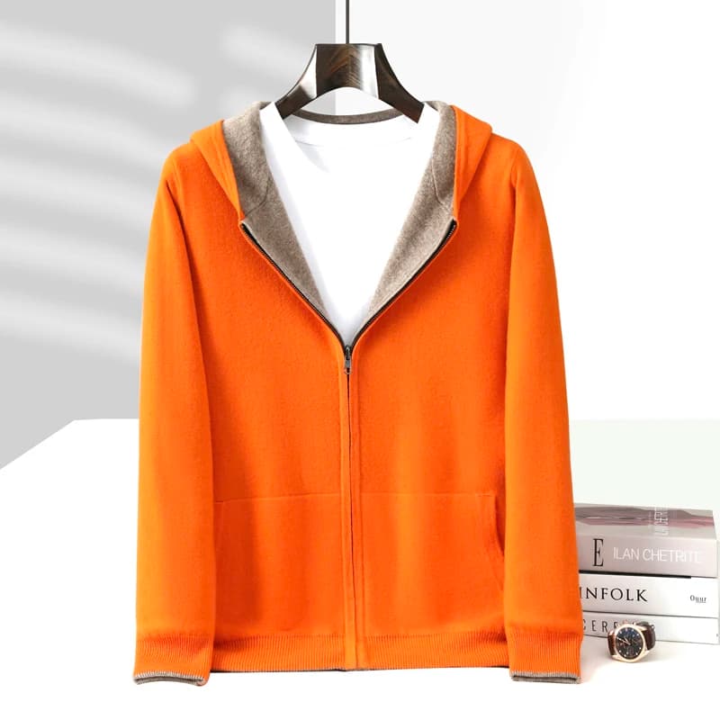 New Men's 100%Merino Wool Double sided wearable Hooded Sweater Casual Autumn Winter Coat Long Sleeved Men's Wool Sweater Tops