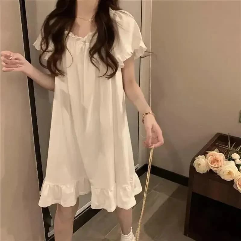 White Nightgowns Women Sweet Kawaii Girls Nightdress Princess Ruffles Square Collar Short Sleeve Summer Lounge Wear Sleepwear