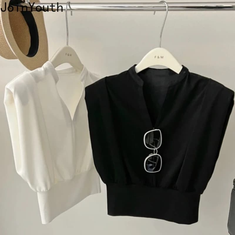 T Shirts for Women Crop Tops Flying Sleeve V-neck Tees Fashion Summer Camisetas Casual Loose White T-shirts 2025 Ropa Mujer