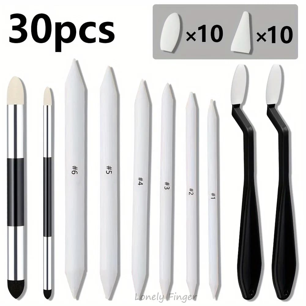 30pcs Sketching & Drawing Tool Kit - Includes Blending Stumps, Art Sponge Wiper, Scrapers & Dual-Tip Sponge Pens