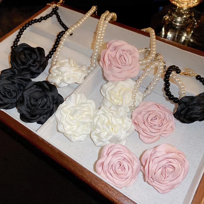 4 Pcs Jewelry Sets for Women Fabric Flowers Necklace Bracelet Earrings French Fashion Retro Style Girl Party Accessories Set