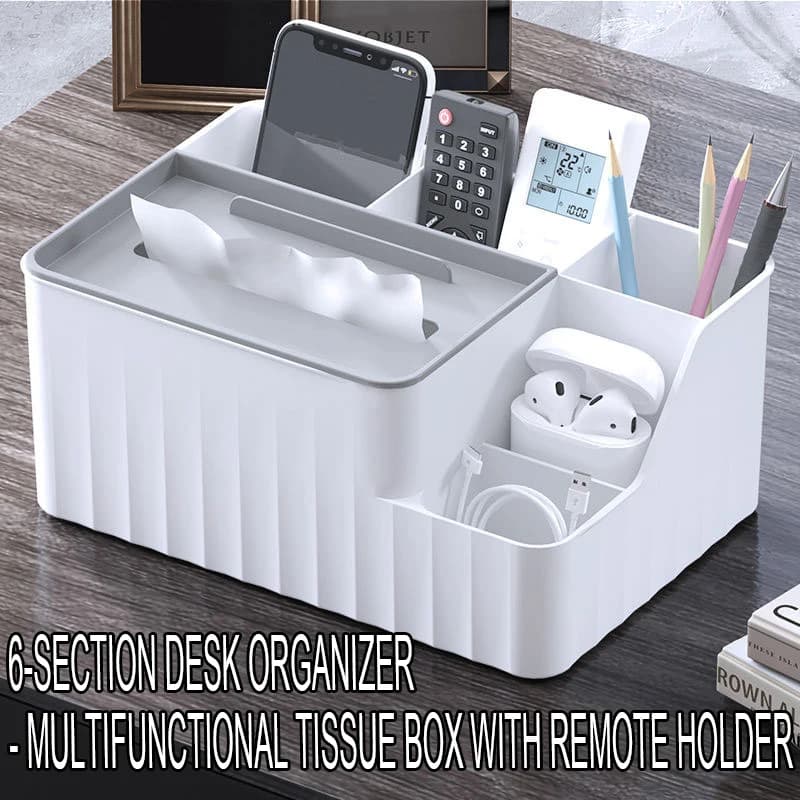 6-Section Desk Organizer - Multifunctional Tissue Box With Remote Holder Plastic Storage For Living Room Kitchen & Office