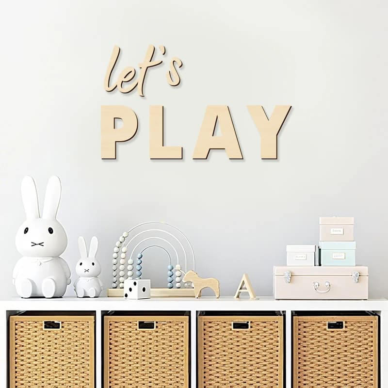 Let's Play Wall Sign Wooden Wall Stickers Suitable for Play for Playrooms Nursery Home Room Bedroom and Above the Bed Wall Decor