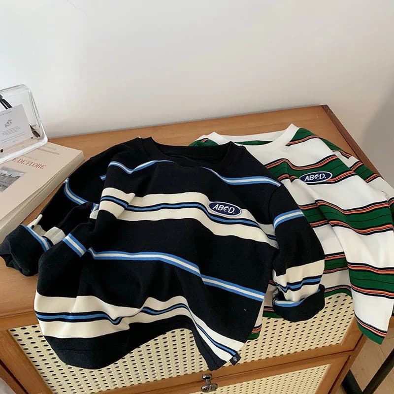 2025 Spring Autumn Kids Boys T-shirts Cotton Striped Loose Sticker Casual Long Sleeve Baby Girls Shirts Toddler Boys Tops