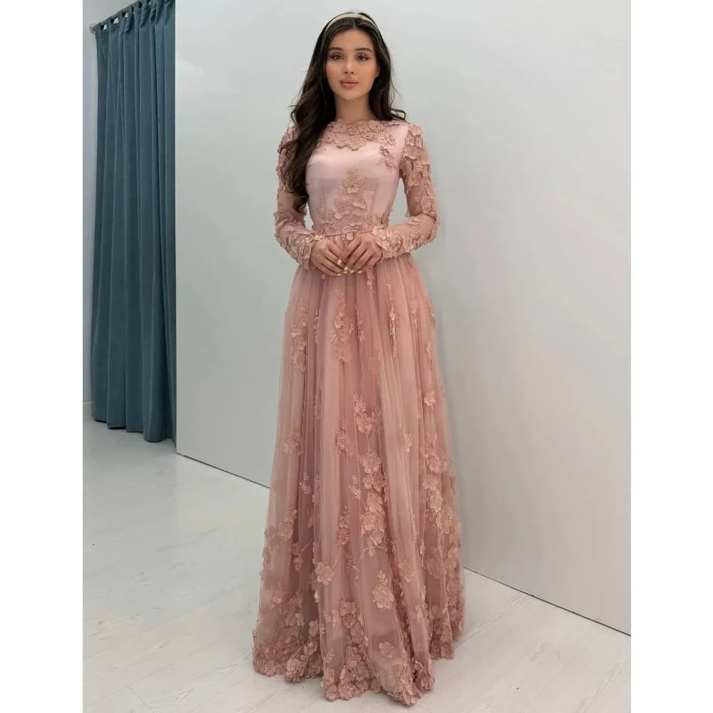 Glamorous Pink Prom Dresses Charming Lace Long Sleeves Evening Dresses Floral Appliqued Customized Special Occasion Dresses