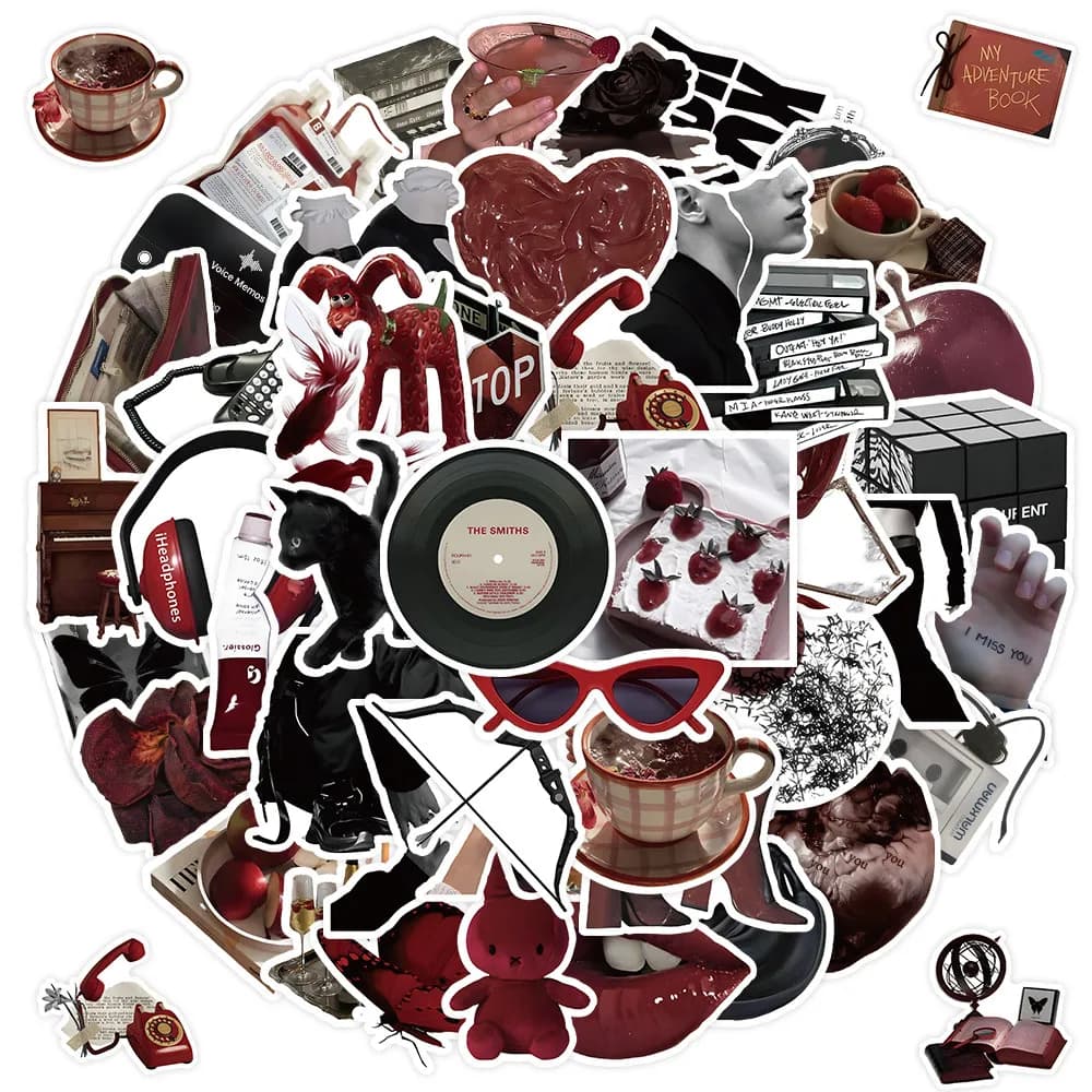 50 Pieces Red & Black Themed Stickers - Decorative Decals for Journals, Phone Cases & Laptops BulingBulingStickers Store