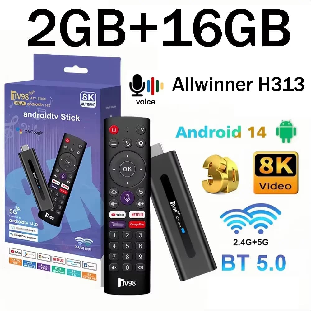 TV98 ATV Stick Android 14 Allwinner H313 Quad Core Cortex A53 Support 8K Video 4K Wifi6 BT5.0 Voice Remote Smart TV Mini Stick