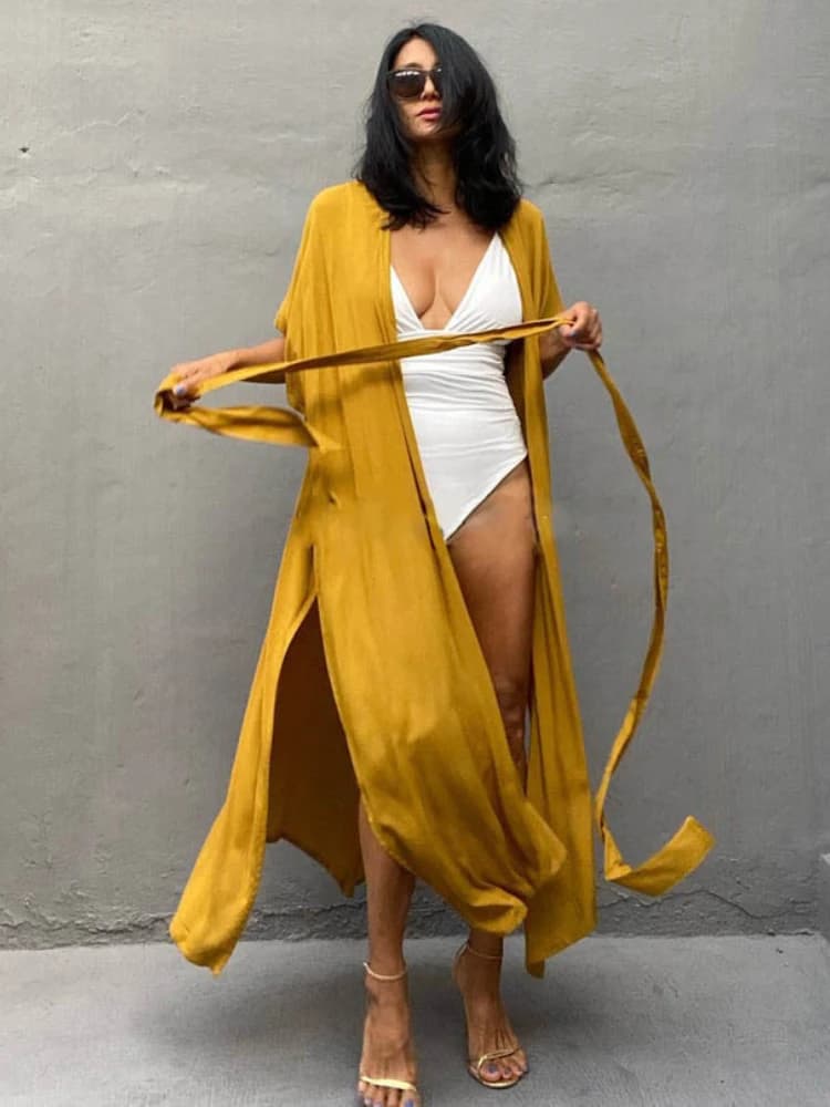 Swimsuit Cover Ups for Women Beach Cape Tunic Kimono Summer Belted Split Wrap Dresses Pareo Holiday Bathing Suits Factory Supply