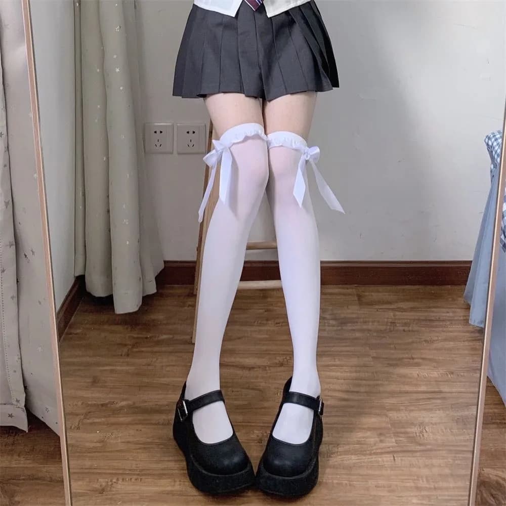 Women's Lace-Trim Knee-High Socks with Bow, Cotton