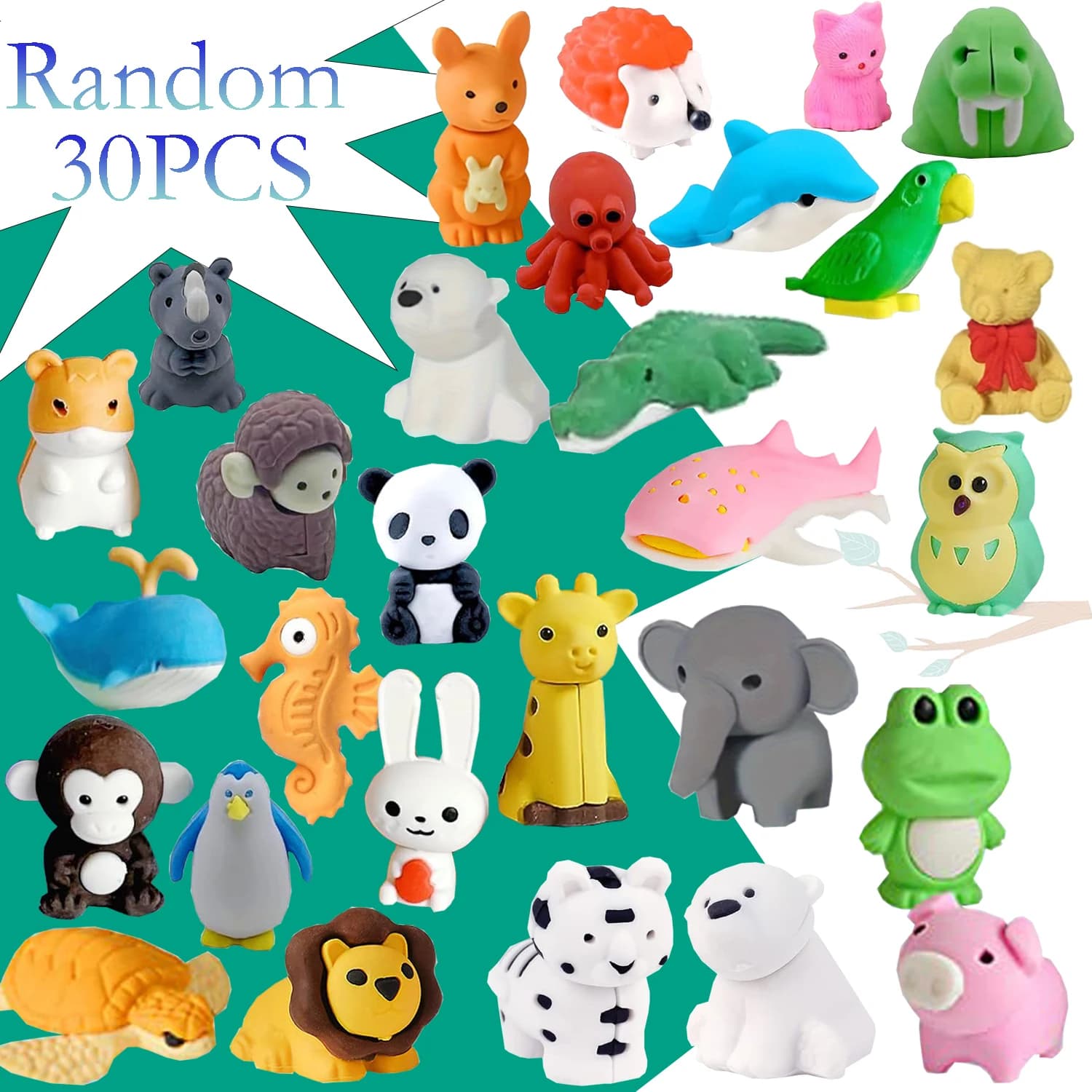 30 Random Cute Animal Erasers, Colorful Mini Erasers, Student Desktop Stationery Supplies, Party Gifts, School Gift Supplies