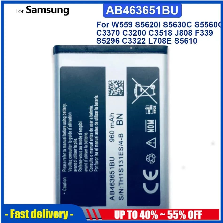 Mobile Phone Batteries AB463651BU For Samsung W559 S5620I S5630C S5560C C3370 C3200 C3518 J808 F339 S5296 C3322 GT-C3530 S5610