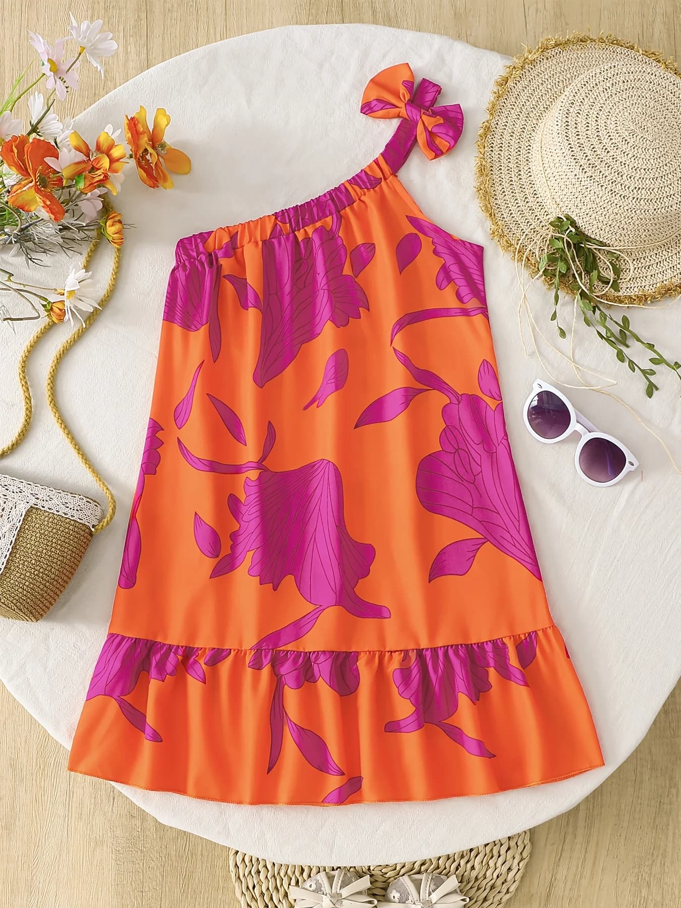 Girls' Casual Dress, Children's Floral Print Dress with Off-Shoulder Design, Fashionable and Versatile, Suitable for Girls Aged 4-12