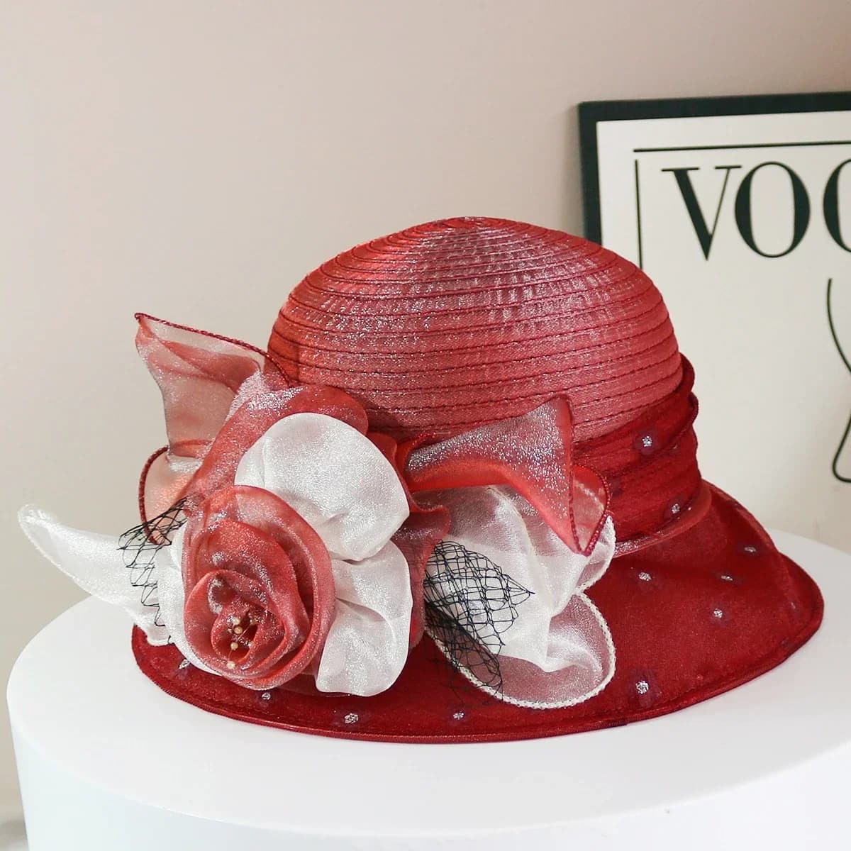 Fashion Hat Women Top Hat Elegant Organza Flower Wide Brim Sun Hat for Women Retro Style Party Banquet Accessory Foldable Beach