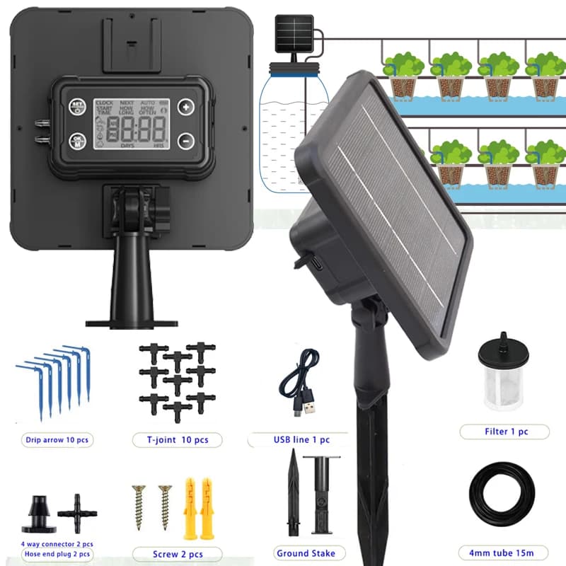 Solar Intelligent Irrigation Kit 6V 2W Potted Plants Watering System with Built-in 1800mAh Battery DIY Timed Auto Drip Irrigatio