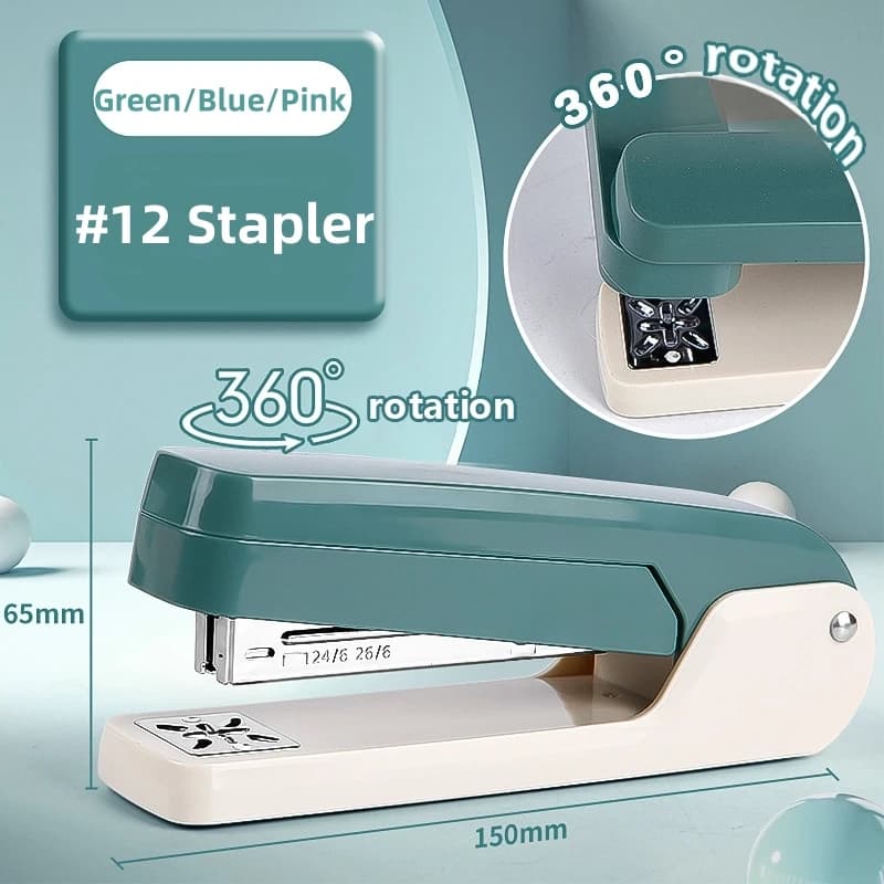 360° Rotatable Heavy Duty Stapler Green/Blue/Pink for Students Home Office Use 24/6 26/6 Desktop Staplers Paper Binding Tools