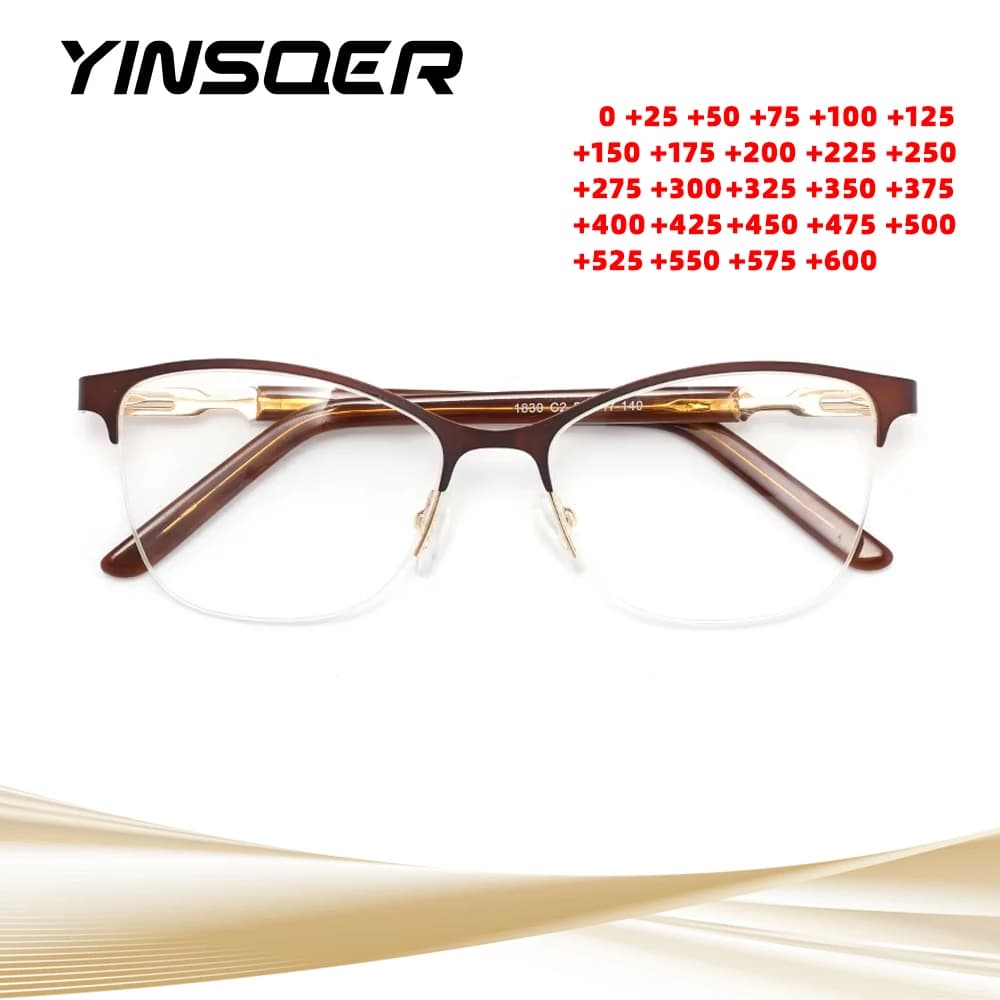 Women's Vintage Glasses Square Prescription Eyewear Frames Cat Eye Female Eyeglasses Thin Half Spectacle Presbyopia with Diopter