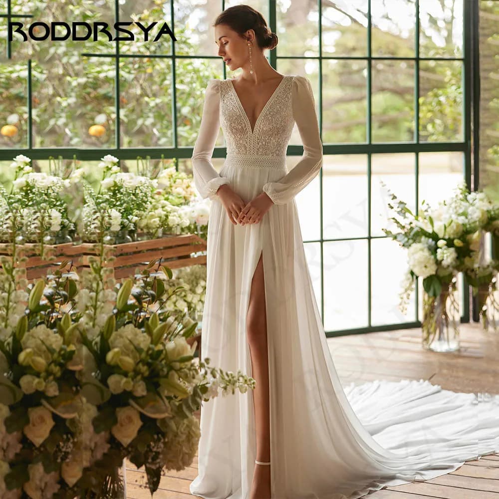 RODDRSYA Bohemian Wedding Dress Women Vestidos Novias Boda Chiffon Long Sleeves Lace Bride Dresses Appliques A Line Customized