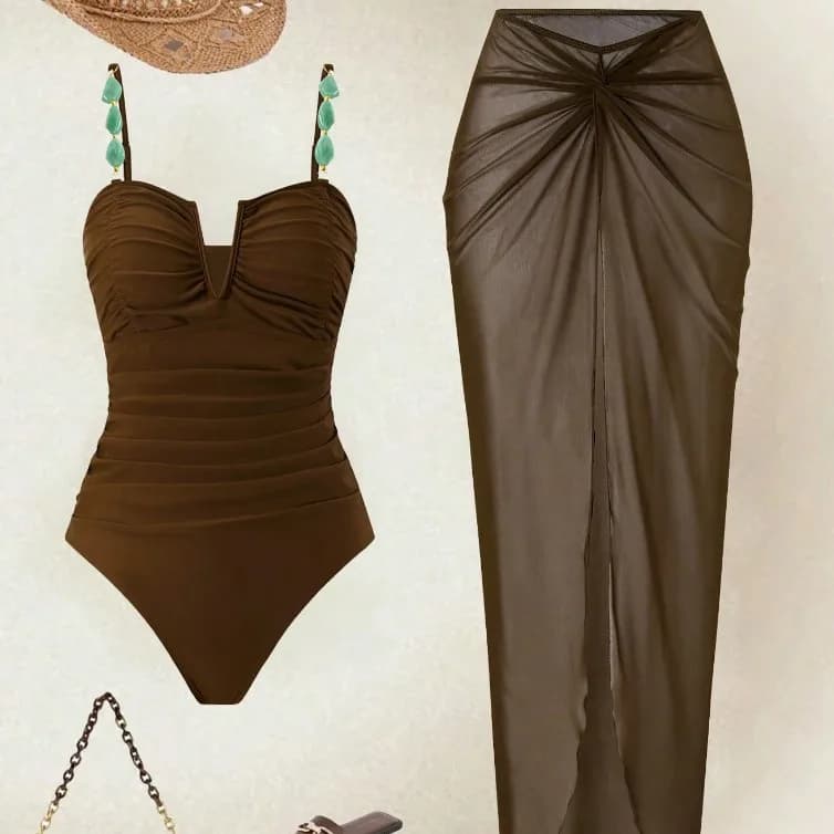 2026 New Fashion One-Piece Swimsuit Slimming Cover-Up Women's Swimming Costume Beach Dress Set High Elasticity No Sleeve
