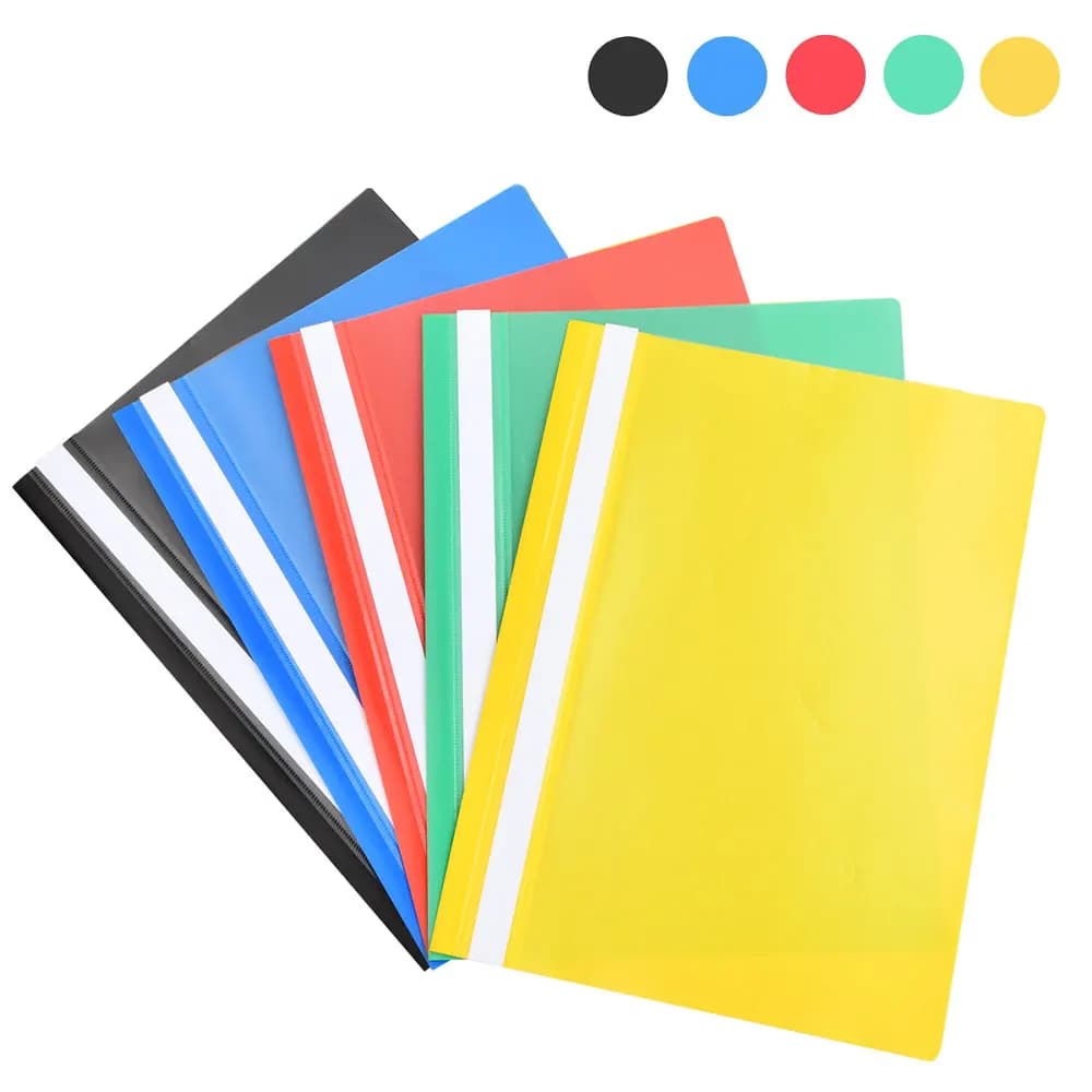5-pack project folders, A4 plastic folders, transparent cover, double-hole binding clips, specifically for document storage.