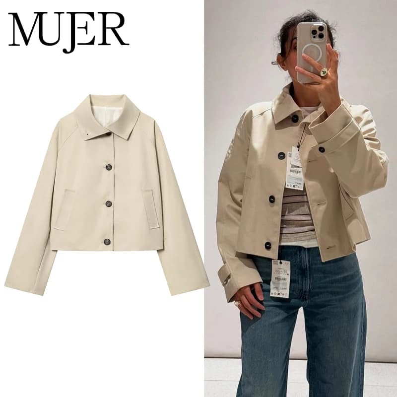 MUJER Women's Trench Coat Cropped Demi-season Jacket for Women Outerwears Short Women's Windbreaker Button Outdoor Coats Ladies